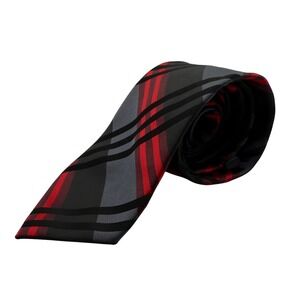 J.Ferrar Mens Tie Black Red Grey Plaid Pattern Polyester Necktie